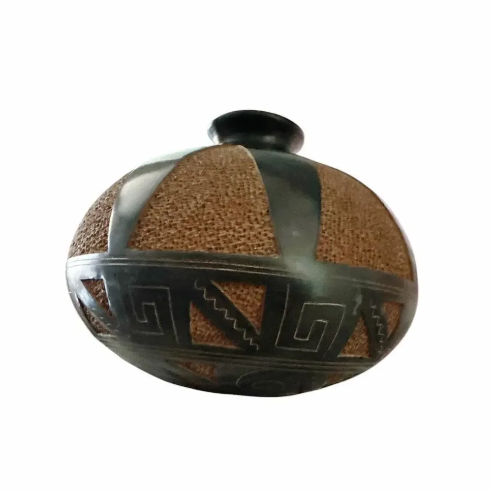 Vintage Hand Carved South American Brown Tan Pottery Vase